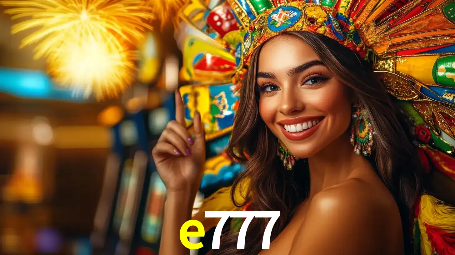 Mulher sorridente com um cocar de carnaval vibrante e colorido, celebrando uma grande vitória nos jogos do cassino e777 com fogos de artifício ao fundo.