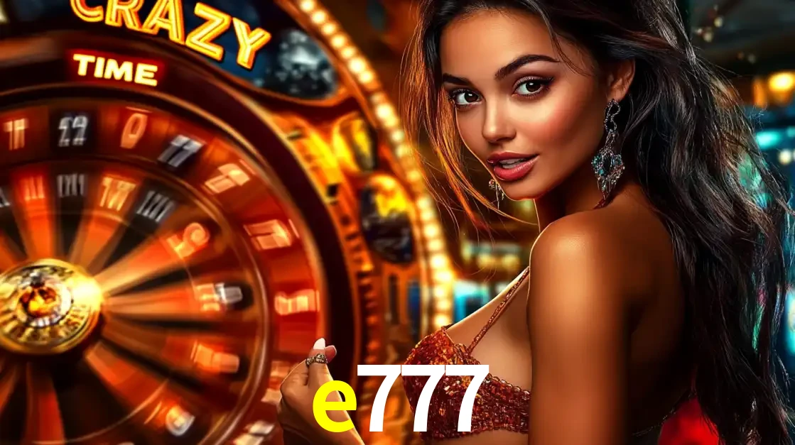 Mulher ao lado da roda de prêmios do jogo de cassino ao vivo Crazy Time, um dos shows de jogos mais emocionantes oferecidos pela plataforma de apostas e777.