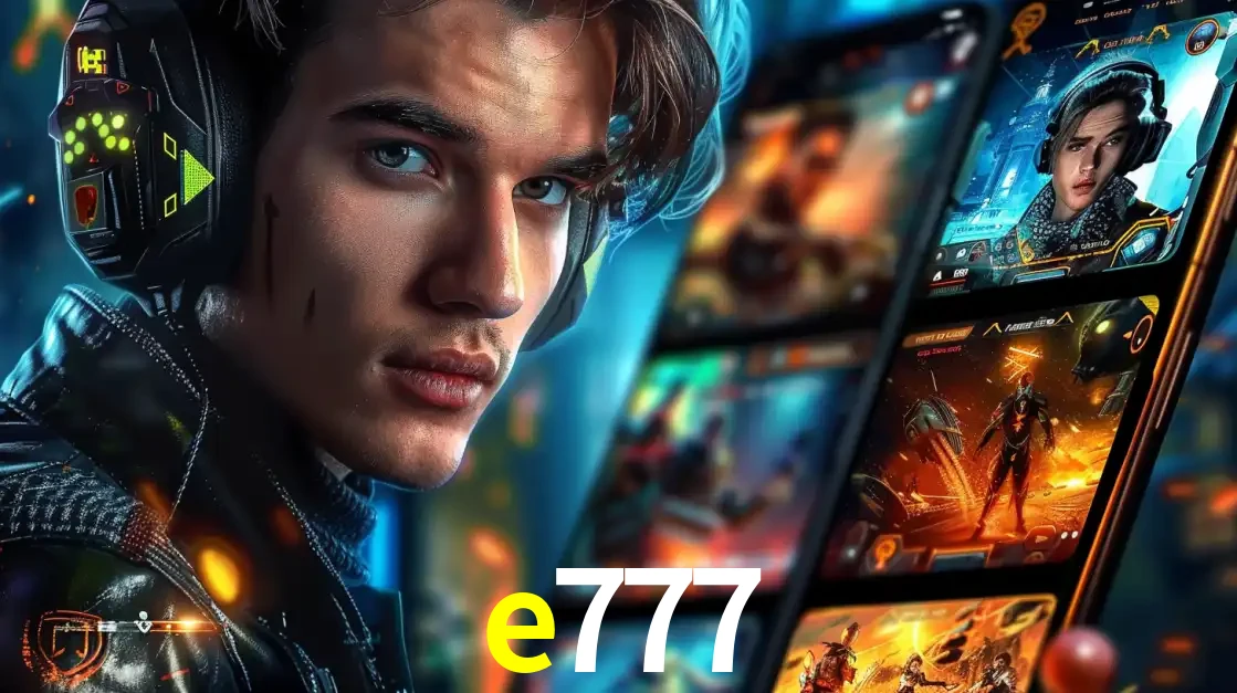 Jovem jogador com fones de ouvido olhando para a câmera, com um aplicativo de jogos e e-sports para celular ao fundo, pronto para a competição e apostas no e777.