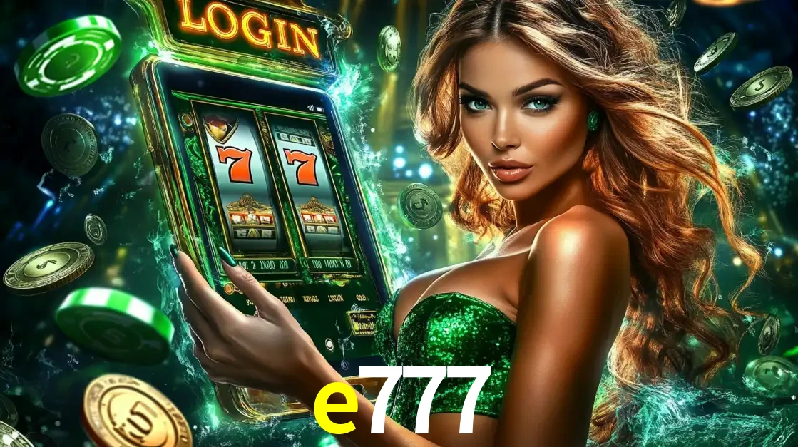 Mulher com tema verde apresentando o aplicativo do cassino e777 com um jogo de slot de 777, cercada por fichas de cassino e uma aura de sorte.