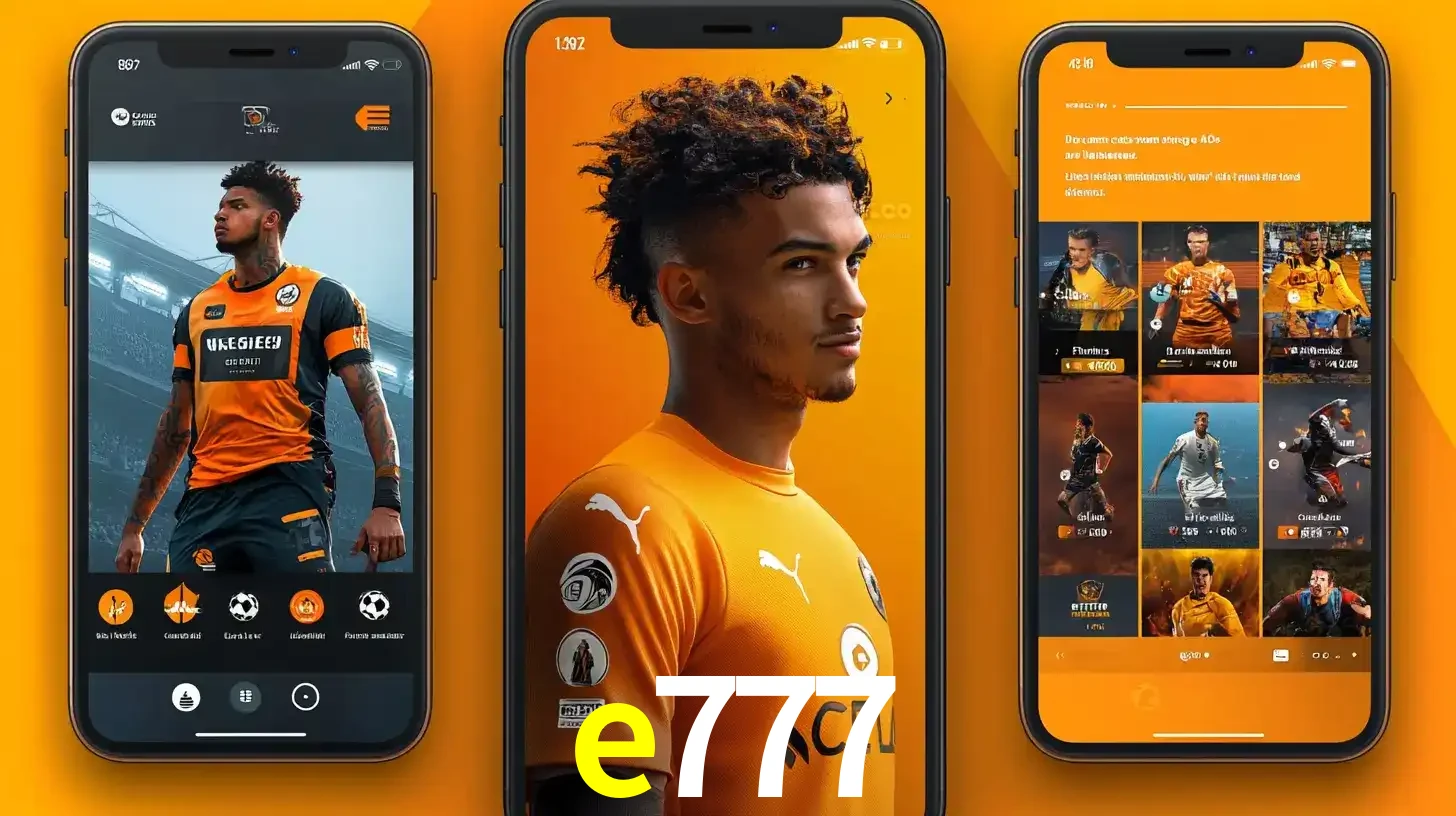 Interface do aplicativo de apostas esportivas e777 em três telas de celular, mostrando o perfil de um jogador de futebol e a lista de jogos disponíveis para apostar.