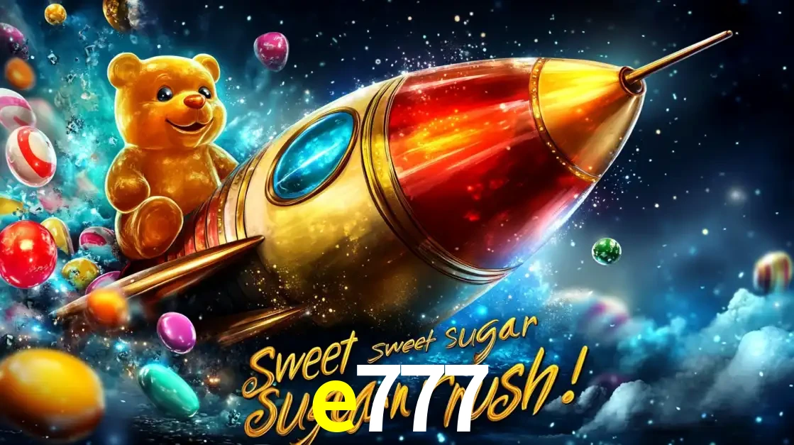 Arte promocional do jogo de slot Sugar Rush, com um urso de pelúcia em um foguete viajando pelo espaço de doces, um dos jogos divertidos disponíveis no cassino e777.