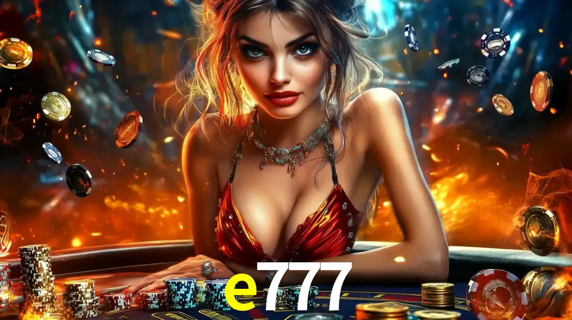 Mulher em uma mesa de cassino com pilhas de fichas e um fundo de fogo, pronta para uma rodada de altas apostas nos jogos de mesa emocionantes do cassino e777.