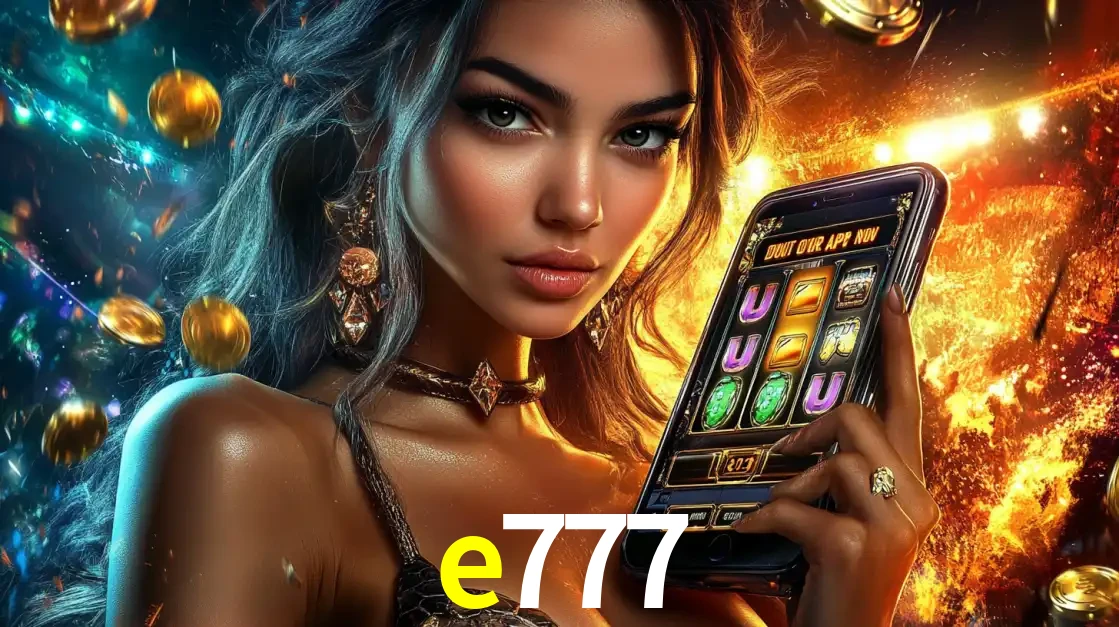 Mulher elegante mostrando um jogo de caça-níqueis em seu smartphone, destacando a experiência de cassino móvel oferecida pelo aplicativo e777.