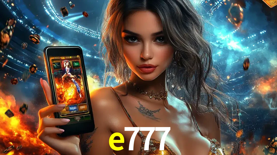 Mulher segurando um celular com um jogo de slot em destaque, tendo como fundo um estádio vibrante, simbolizando a emoção de jogar no cassino móvel e777.