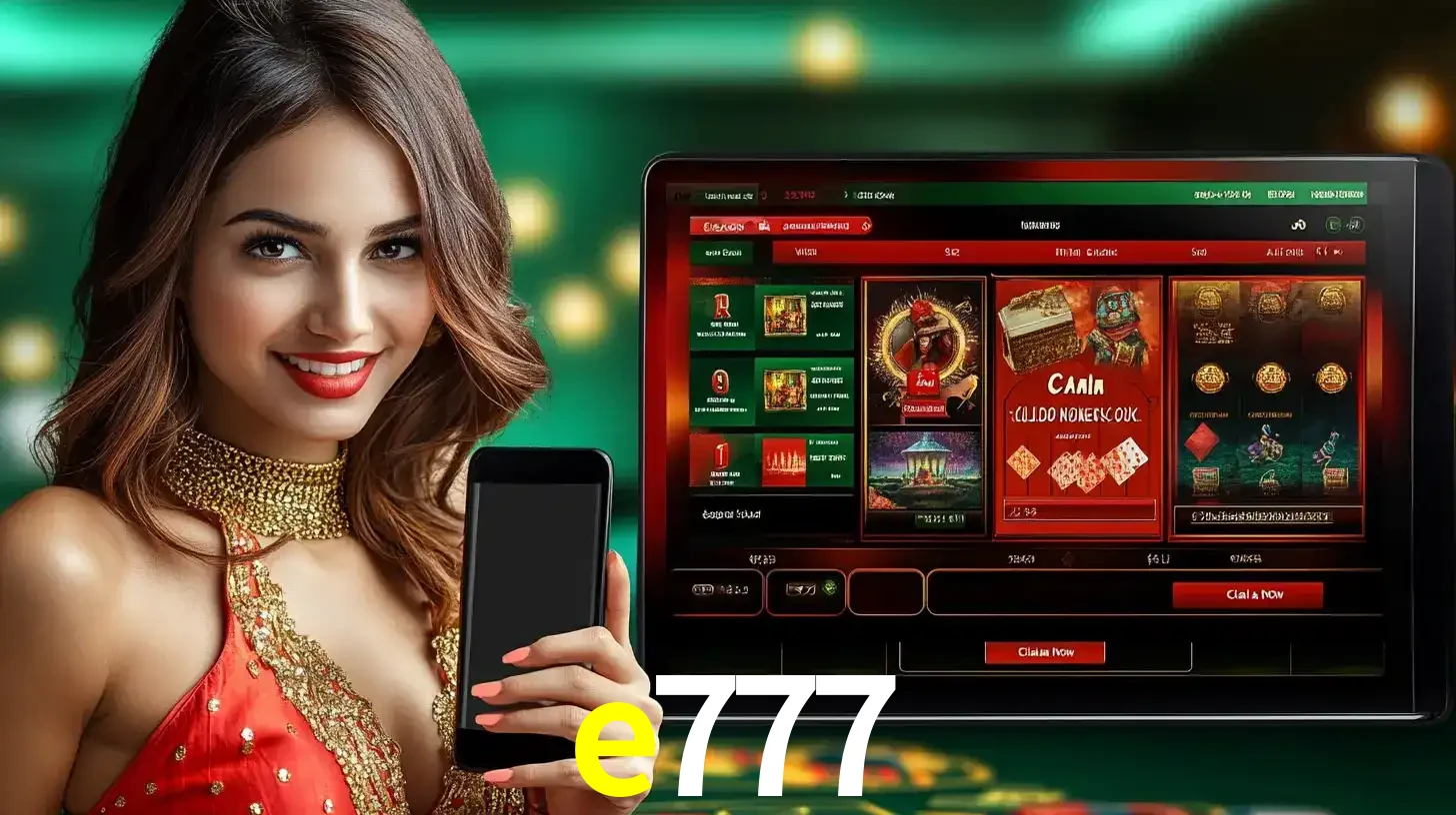 Mulher sorridente segurando um smartphone, ao lado de uma tela exibindo o lobby de jogos do cassino online e777, com várias opções de jogos de cartas e slots.